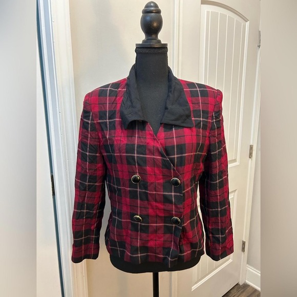 Vintage Red Plaid Double Breasted Blazer 12P 90s Old Money Clueless - Picture 2 of 5